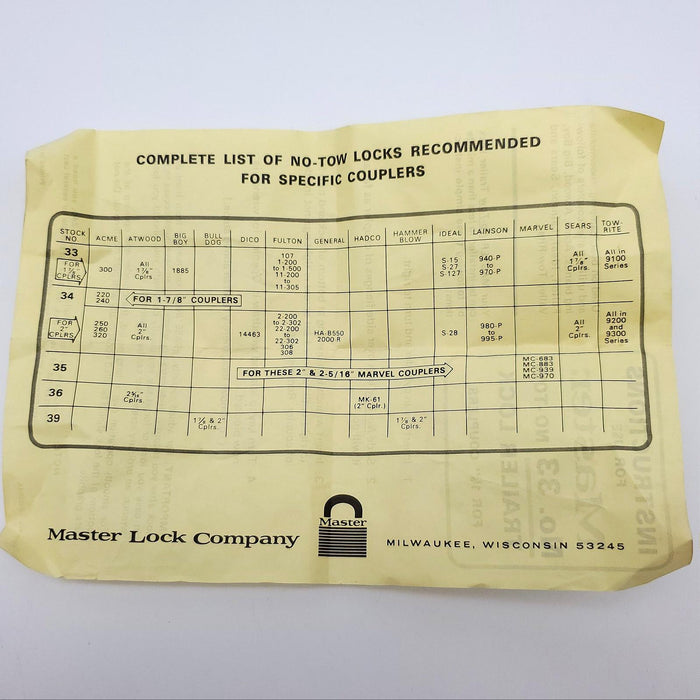 Master Lock Trailer Lock No 33 For 1-7/8" Couplers Acme, Atwood, Big Boy & More 12