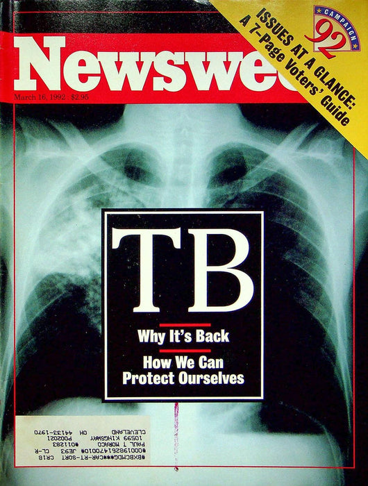 Newsweek Magazine March 16 1992 Turberculosis Back Public Health John Frohnmayer 1