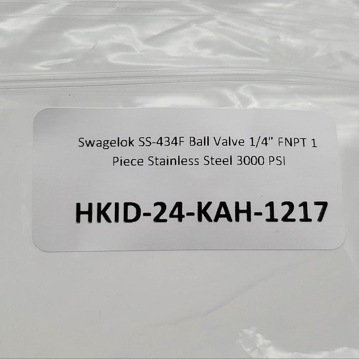 Swagelok SS-434F Ball Valve 1/4" FNPT 1 Piece Stainless Steel 3000 PSI