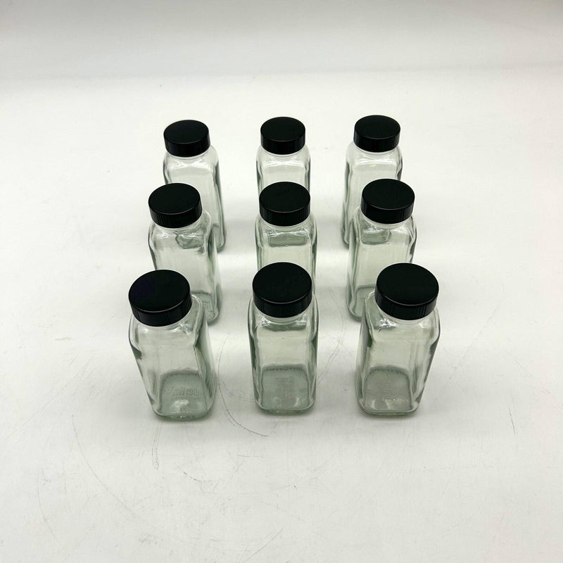 4 oz Clear Glass French Square Bottles w/ Black Caps Berlin Packaging 117191 9pk