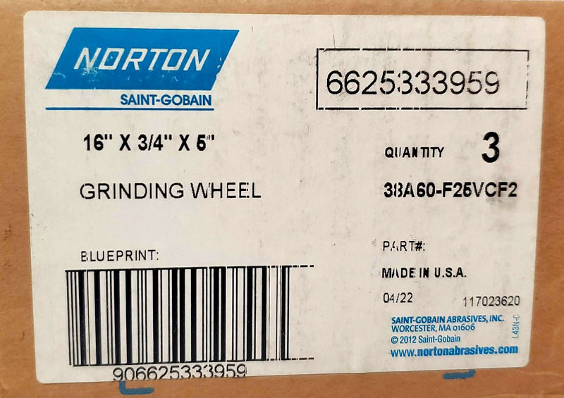Norton 16"x3/4"x6" Grinding Wheel 38A 60 Grit 6" Arbor Aluminum Oxide 7