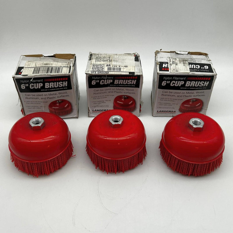 Langeman Cup Brush 6inch Nylon Filament 5/8-11 Thread 2500 Max RPM Lot of 3 1