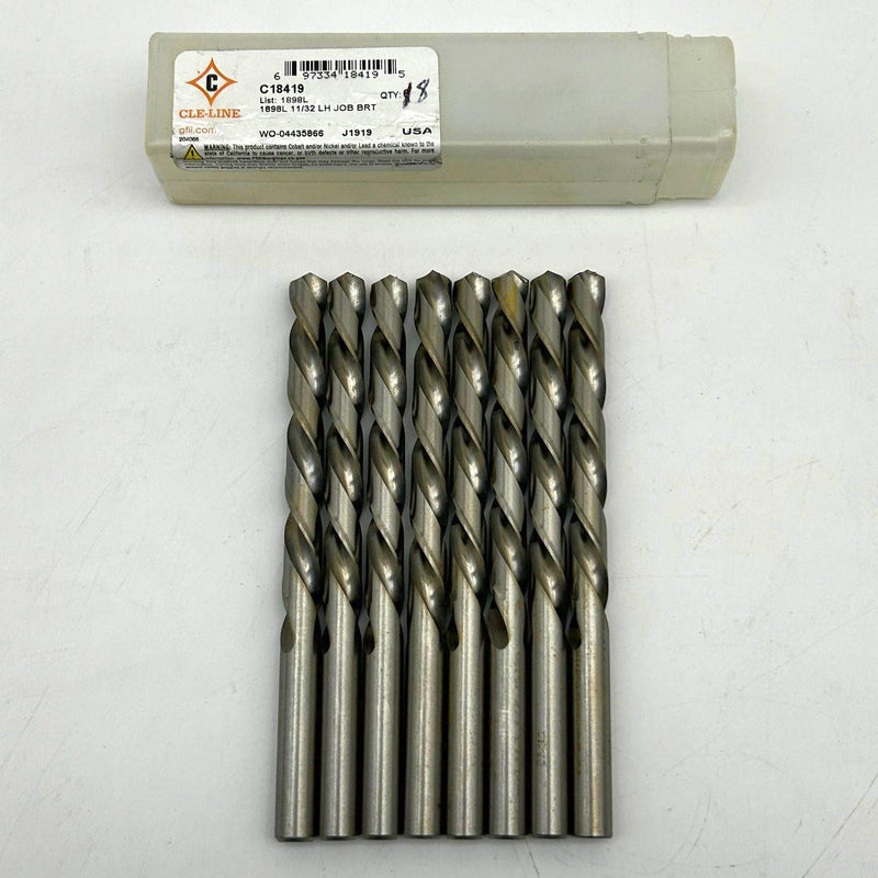 8pk Cle-Line C18419 Jobber Length Drill 1898L 11/32 Left Hand Spiral HSS Bright 1