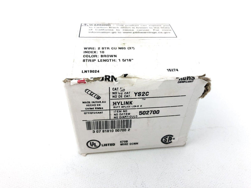 Burndy YS2C Hylink Butt Splice Long 2 AWG Wire Gauge #502700 Brown 2.82" 2pk 4