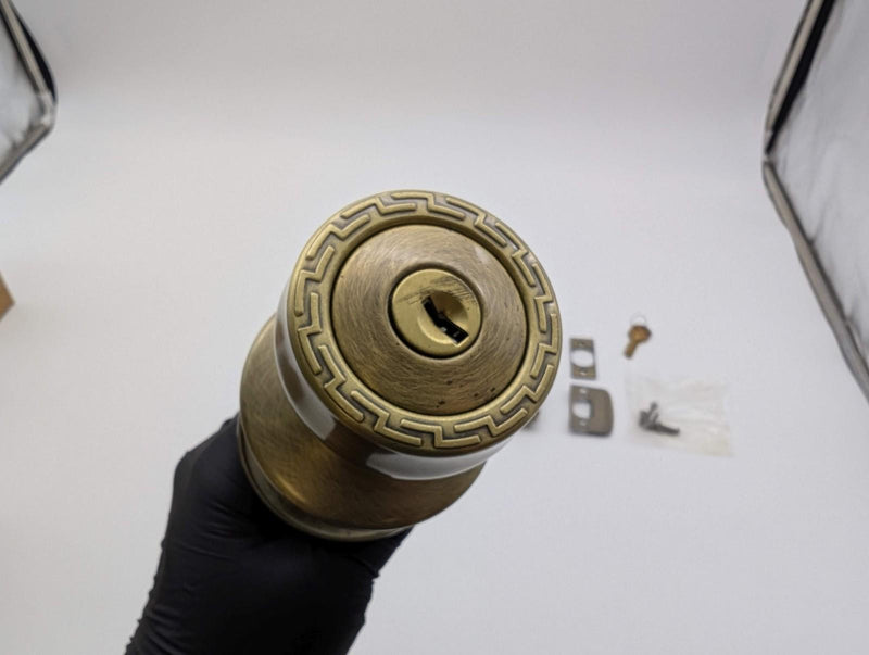 Kwikset Entry Lock Knob & Lever Grecian Design Antique Brass 2-3/8" Backset