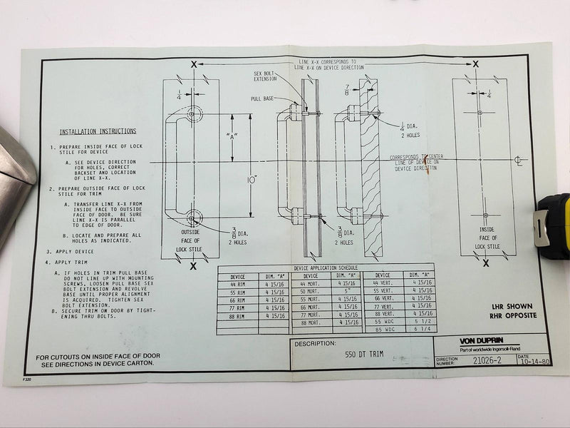Von Duprin 550 DT Dummy Trim Stainless for 33, 35A, 55, 94 & 925 Exit Devices 7
