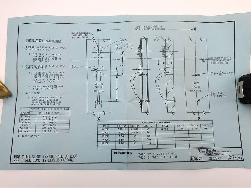 Von Duprin Door Pull 7621 Satin Bronze Thumbturn & Cylinder Trim 9-1/2" NOS 8