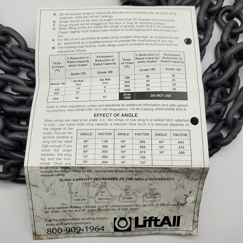 Lift-All 932QOSW10X8 4 Chain Sling 8ft Long 9/32" Grade 100 Links 11,200lb 10