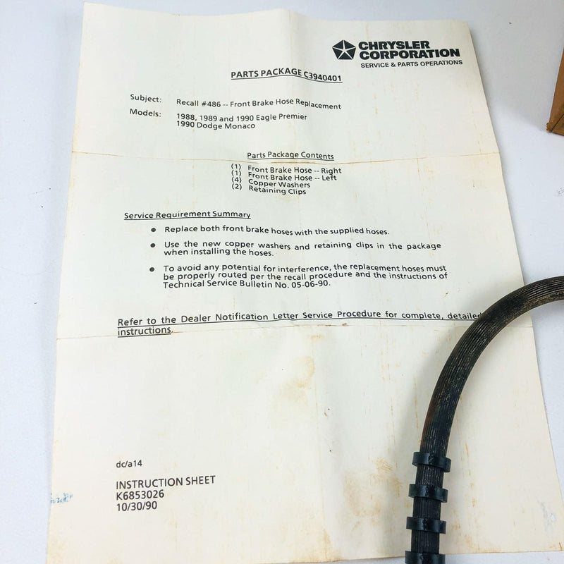 Mopar C3940401 Brake Hose Kit Front 1988-1990 Eagle Premier 1990 Dodge Monaco 4