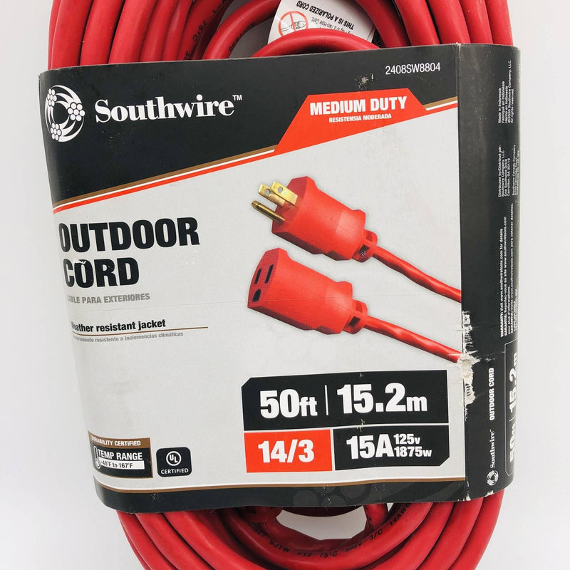 Southwire 2408SW8804 Extension Cord Red 14/3 Gauge Conductor 50ft Indoor Outdoor 4