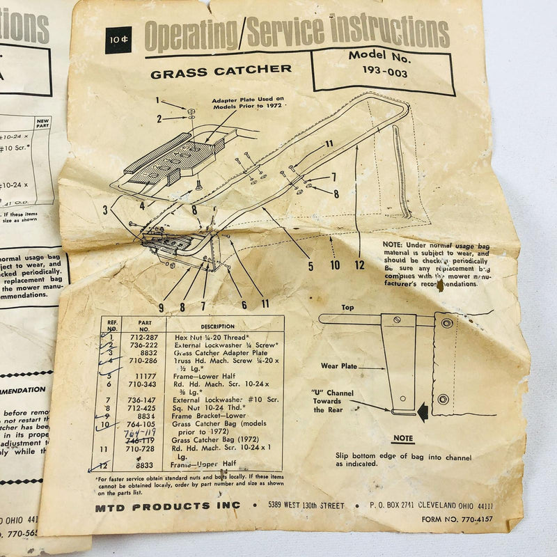 MTD 193-003 Grass Catcher Bagger Assembly Frame 764-119 Grassbag OEM NOS Black 9