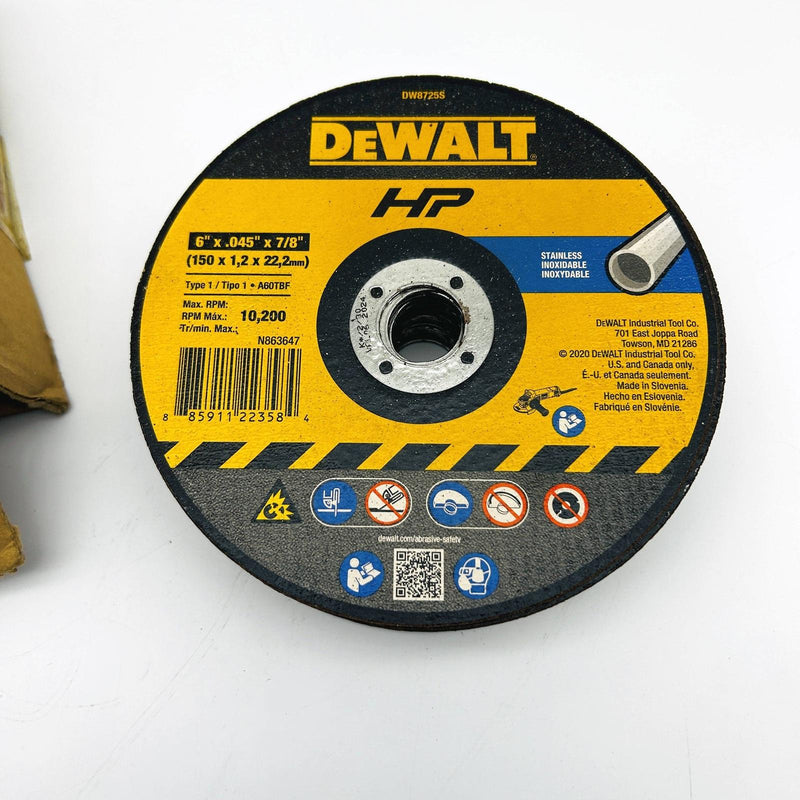 Dewalt DW8725S Cut-Off Wheel 6" x 0.040" x 7/8" Type 1 HP Stainless Pack of 25 8