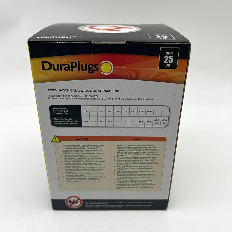 DuraPlugs 14271 Ear Plug Corded Disposable Reusable Orange NRR 25 DB 100/Bx
