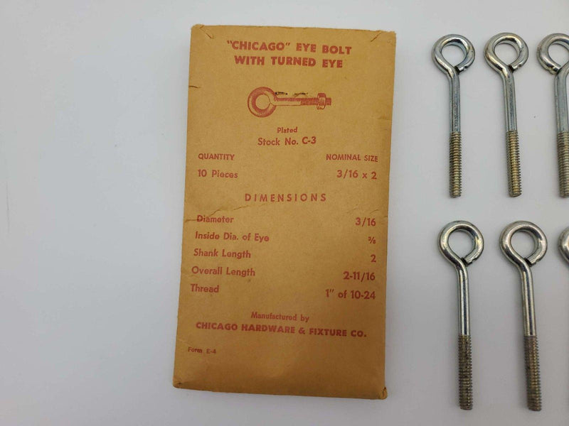 Chicago Hardware C-3 Turned Eye Bolt 3/16" x 2" 3/8" ID Eye w/ Nut Pack of 10 2