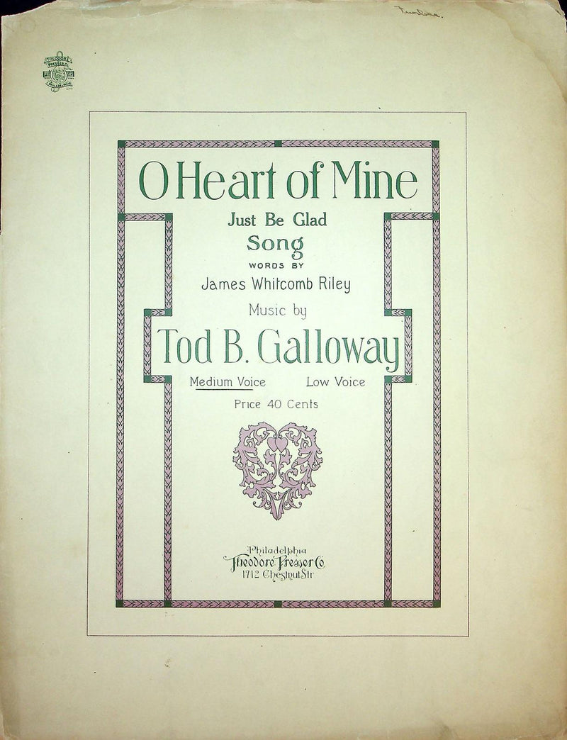 1910 O Heart Of Mine Vintage Sheet Music Large James Whitcomb Riley Galloway 1
