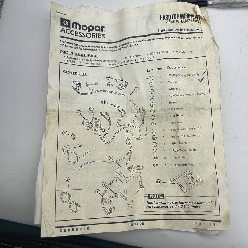 Mopar 82205621 Hardtop Wiring Kit Incomplete OEM NOS 2000-01 Jeep Wrangler 3