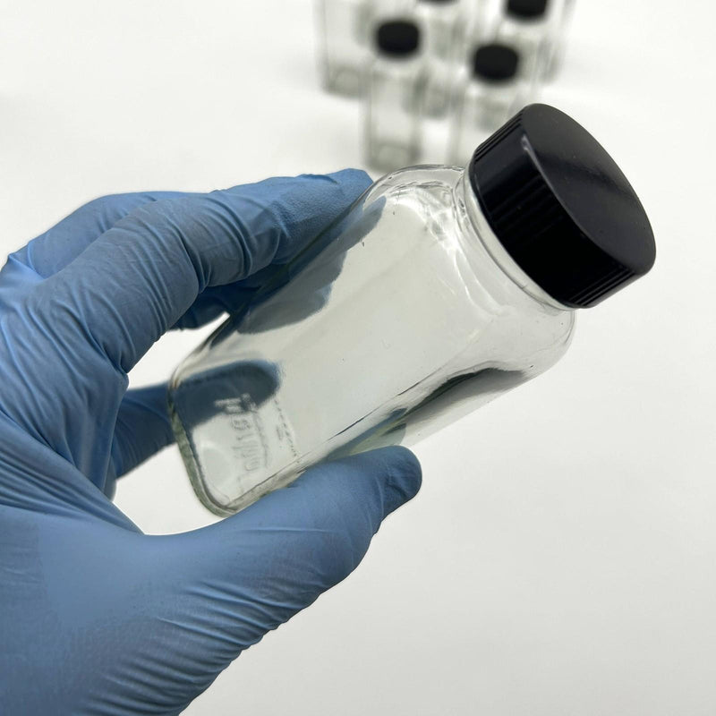 4 oz Clear Glass French Square Bottles w/ Black Caps Berlin Packaging 117191 9pk