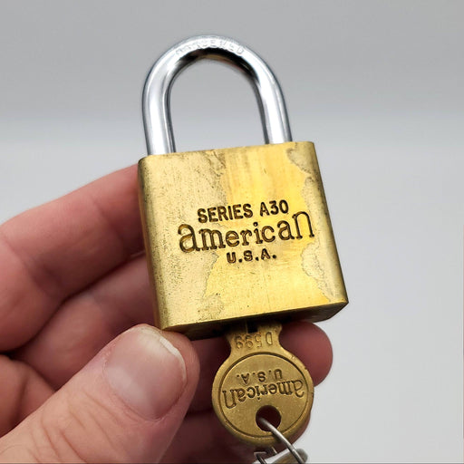 American Lock Padlock 1"L x 0.25"D Shackle A30 Solid Brass 1-3/8" Case USA Made 1