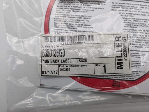 Miller 6350135/20 106 Back Label Replacement Miller Honeywell Fall Protection 2