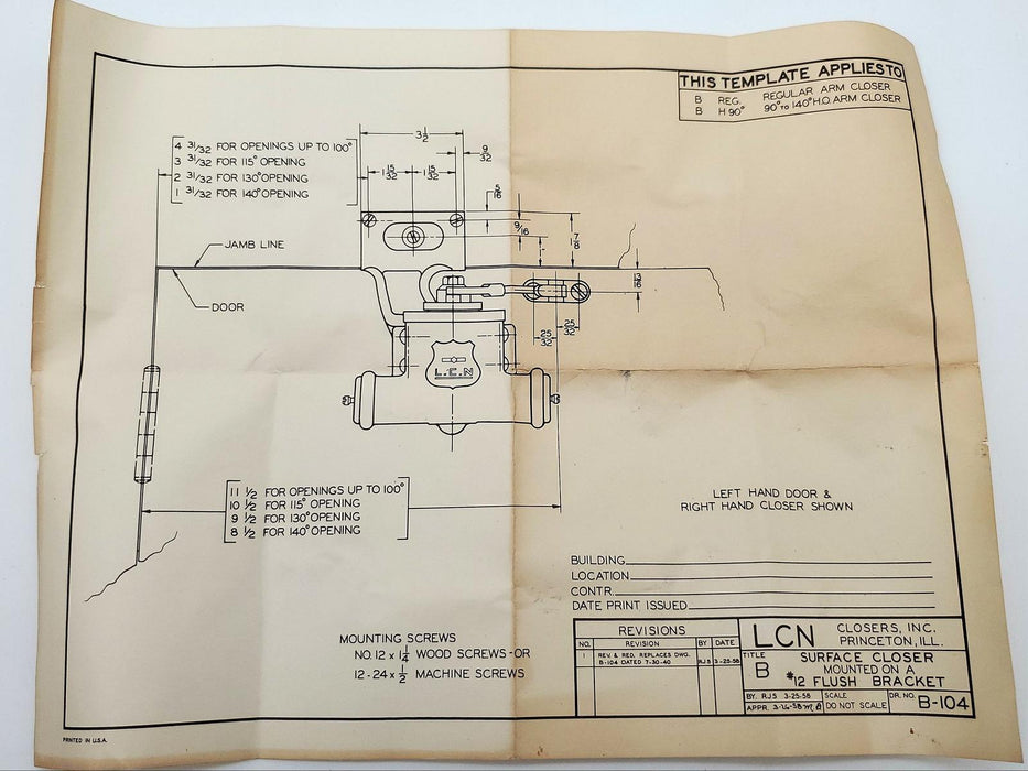 LCN B-12 Door Closer Flush Bracket Aluminum Finish Surface Mount Closer USA Made 6