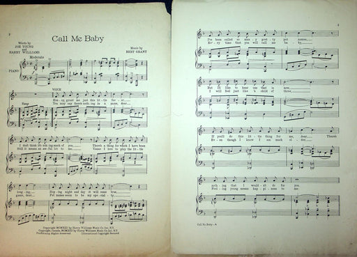 1913 Call Me Baby Vintage Sheet Music Bert Grant Joe Young Harry Williams 2