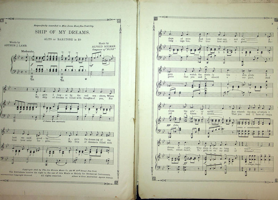 1912 Ship Of My Dreams Vintage Sheet Music Large Alfred Solman Arthur Lamb 2