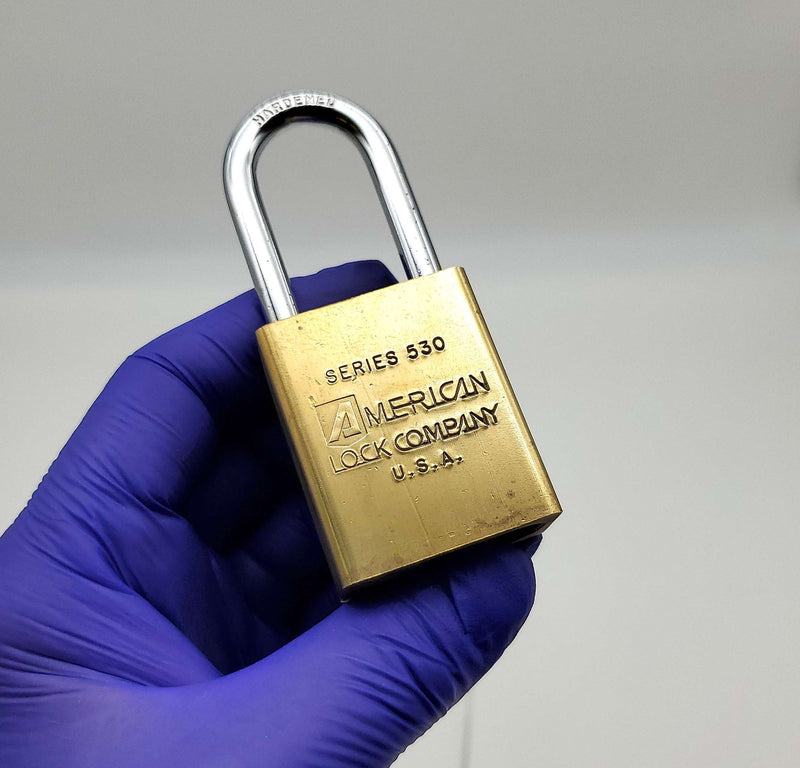 American 530 Padlock Rekeyable 1-5/8"L x 1/4"D Shackle 1-3/8" Brass Body No Core