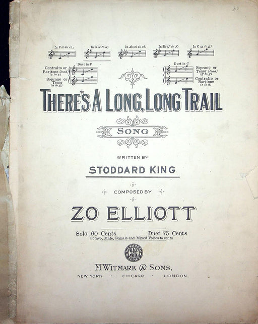1915 There's A Long Long Trail Sheet Music Large Stoddard King Zo Elliott 1