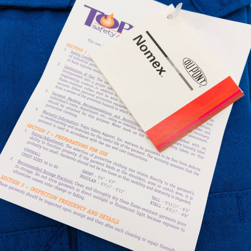 Topps CO075515 Coveralls Flame Resistant 36-R Nomex IIIA 4.5oz Royal Blue NWT 3