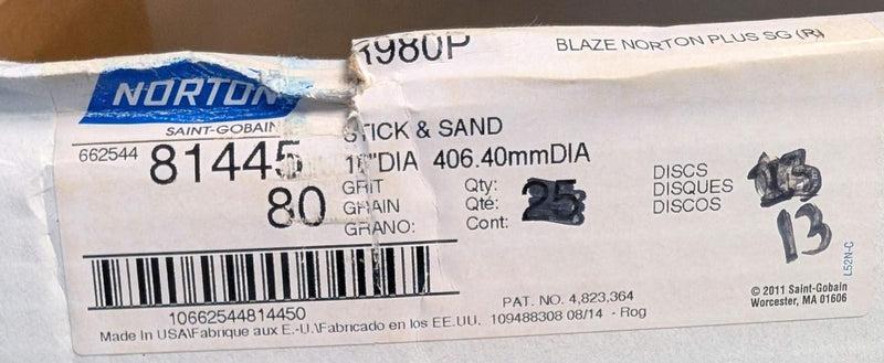 Norton Blaze 16" Sanding Discs R980P 80 Grit PSA Stick & Sand 81445 Pack of 10 4