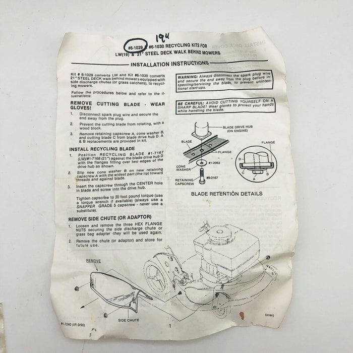 Snapper 61029 Recycling Kit for LW 19 OEM NOS Superseded to 7061029YP Open 12