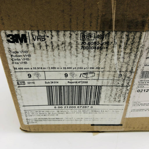 3M VHB Tape 4951 Double-Sided Adhesive White 1in x 36yds 45 Mil 9 Rolls/Case 2
