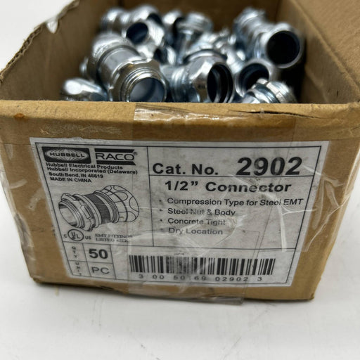 50pk Hubbell Raco 2902 EMT Compression Connector Uninsulated 1/2" Dry Location 2