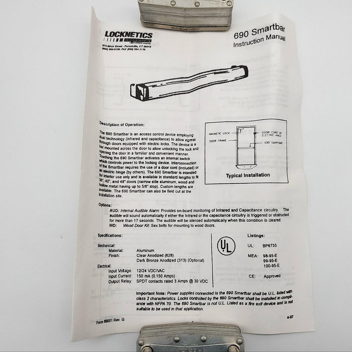 Locknetics 690 SP Smartbar Exit Device Acess Control 14" Satin ALUM 12/24 VDC 10