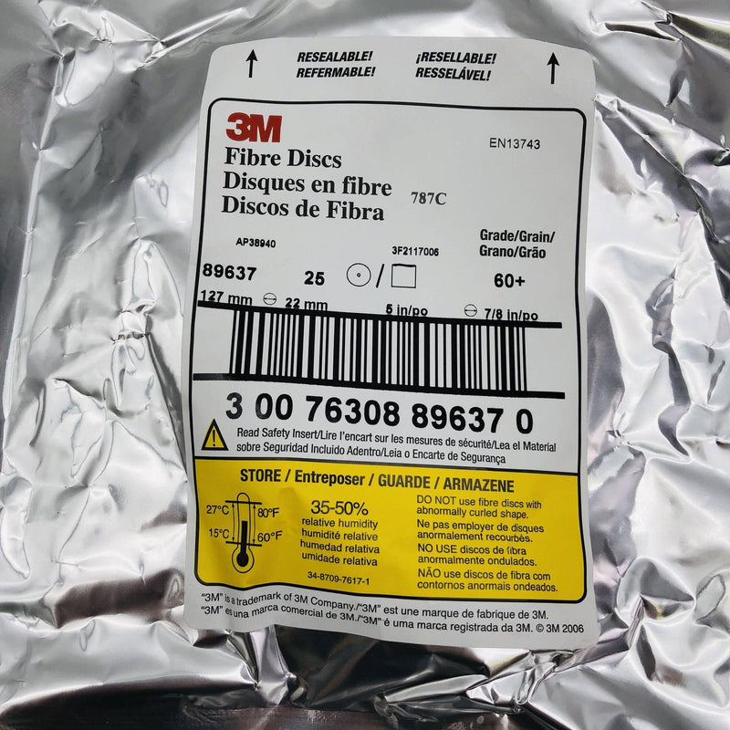 3M 89637 Fiber Fibre Sanding Discs 60 Grit 5" x 7/8" Arbor 787C Pack of 25 2