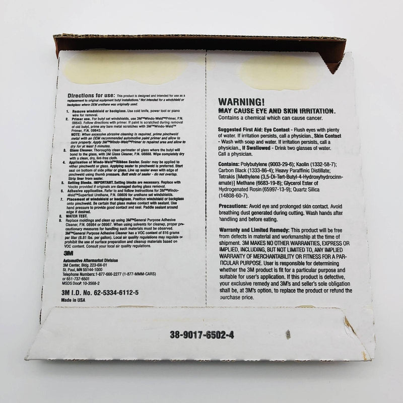 3M 08612 3M Window Weld Ribbon Sealer 3/8in X 15ft Round Auto Glass Replat Kit 5