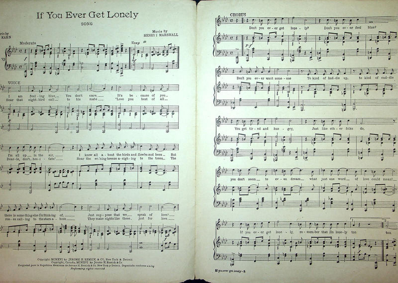 1916 If You Ever Get Lonely Vintage Sheet Music Large Gus Kahn Henry Marshall 2