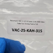 Bussmann AGC-1-1/2-R Fuses 1.5A 250V Glass Tube Fast Acting Pack of 10 3