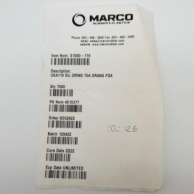 Marco Size 119 O-Rings 0.103" CS 0.924" ID Silicone 70A FDA Compl Pack of 100 5