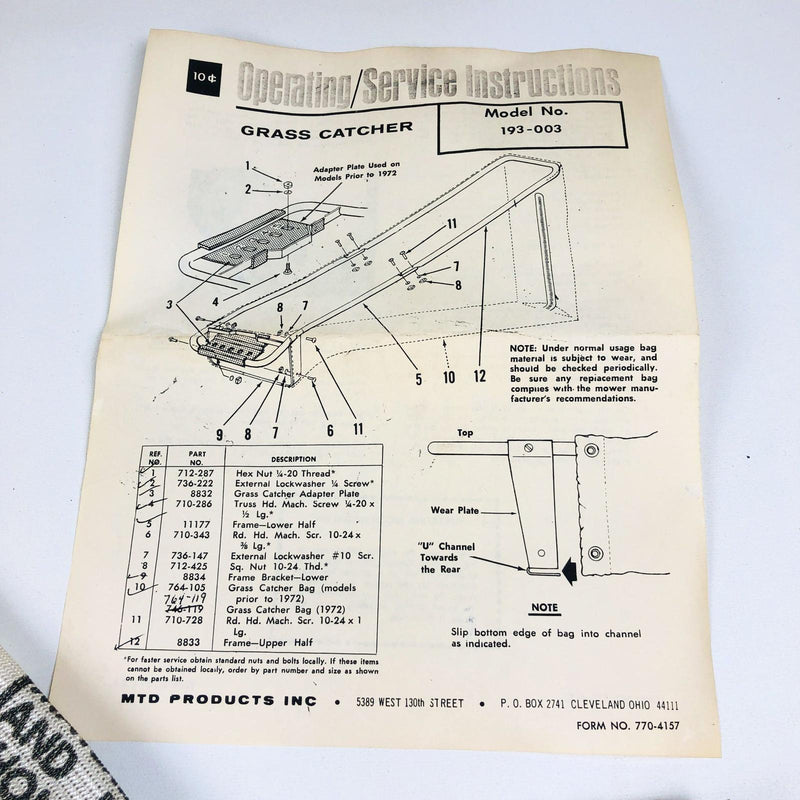 MTD 193-003 Grass Catcher Bagger Assembly Walk Behind 764-119 Grassbag OEM NOS 3