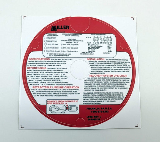 Miller 6350134/20 M52 Front Label Replacement Miller Honeywell Fall Protection 1