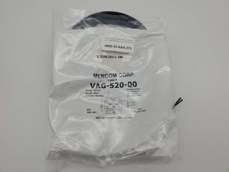 Mencom Solenoid Valve Connector Cordset VAG-520-00 DIN 43650 Form A 10A 24V 16ft 7