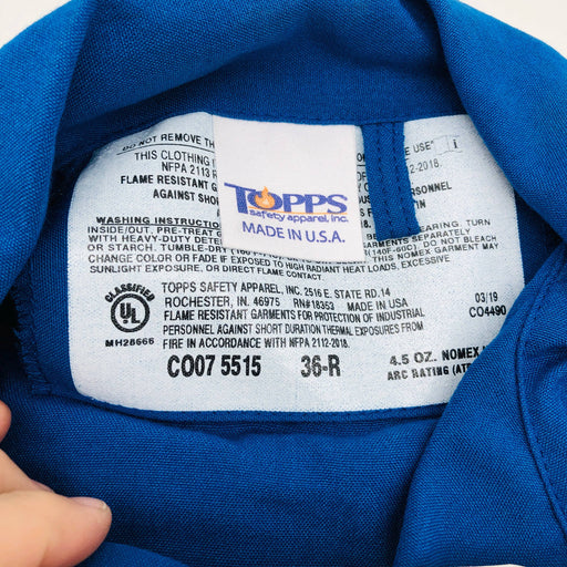 Topps CO075515 Coveralls Flame Resistant 36-R Nomex IIIA 4.5oz Royal Blue NWT 2