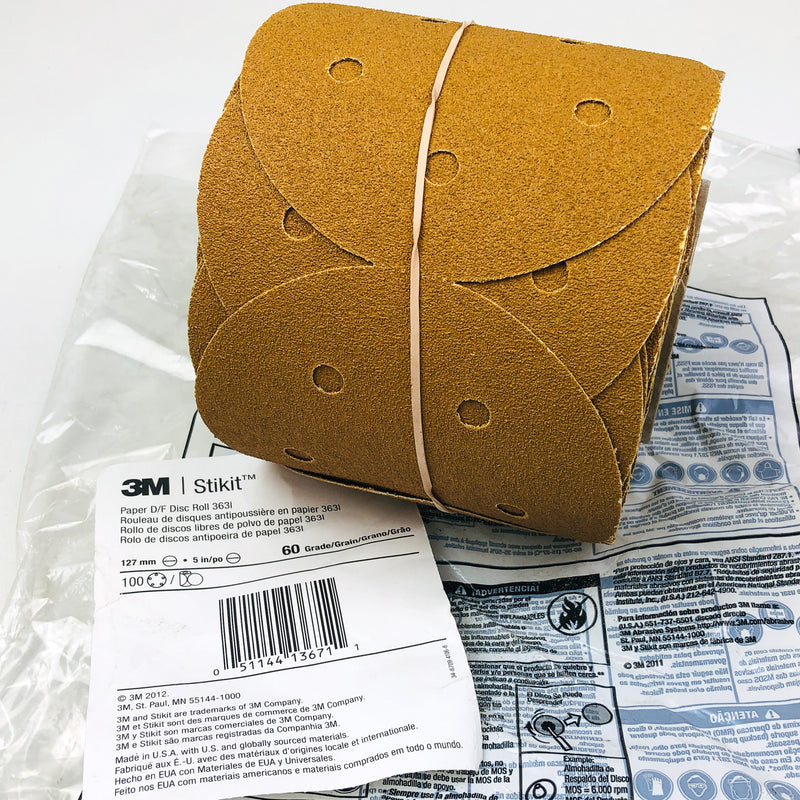3M Stickit 363I 13671 Disc Roll PSA 5" 60 Grit Sandpaper Aluminum Oxide 100/RL