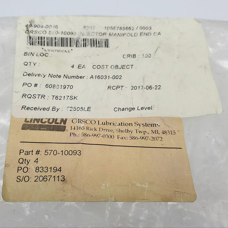 Lincoln Orsco 570-10093 Injector Manifold End Cap for Lubrication System 8