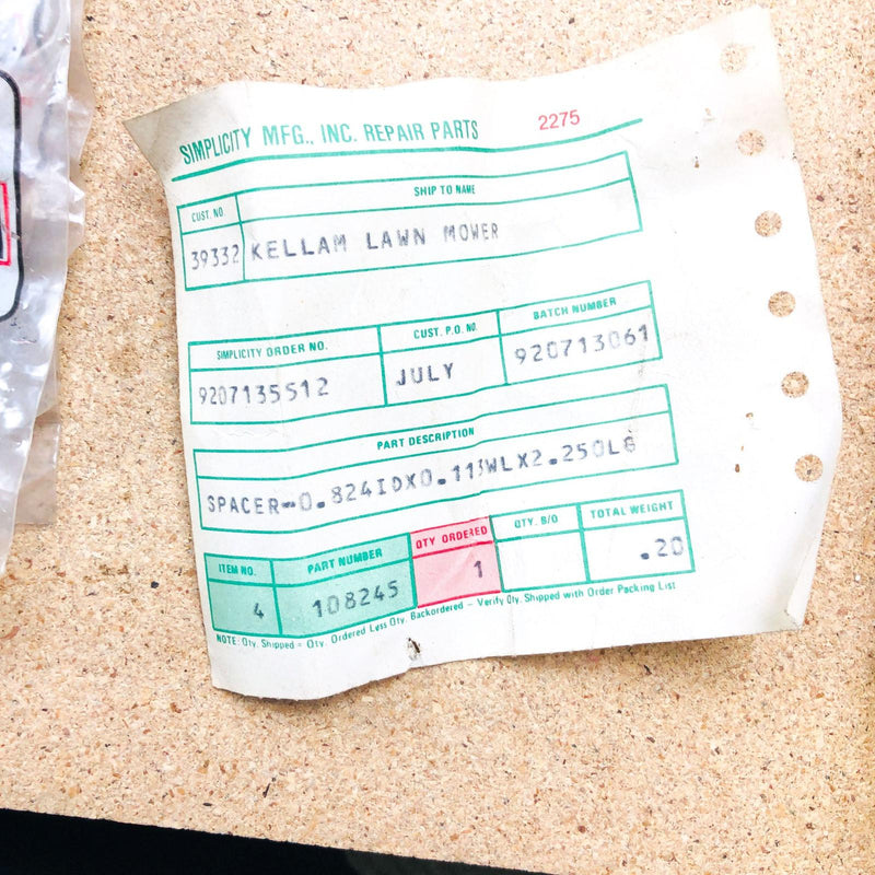 Simplicity 108245 Spacer .824IDx.113WLx2.250LG OEM NOS Replcd 2108245SM Sealed 2