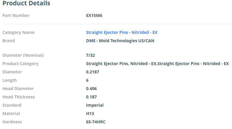 DME EX15M6 Ejector Pins 7/32" Diameter x 6" Long H13 Hotwork Die Steel 5 Pack 6