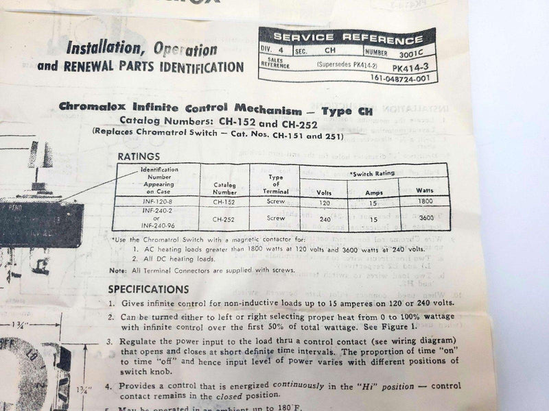Chromalox CH-252 Infinite Control Mechanism 15A 240V 3600 Watts 4
