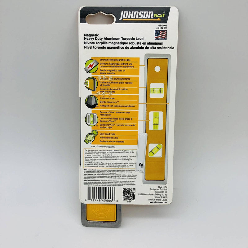 Johnson 4500M Torpedo Level Aluminum 9-in 3 Vial Magnetic Base Heavy Duty 3