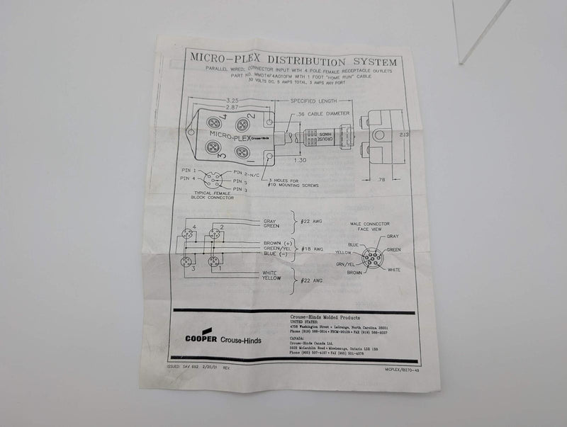 Crouse Hinds MMDT4F4A010FM 4 Port Micro-Plex Distribution Block 300V 5A 1ft Cord 5